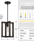 Three Pack One Light Cozy Farmhouse Natural Pine Wood Hanging Pendant Lights With Black Metal Frame, specs on side.
