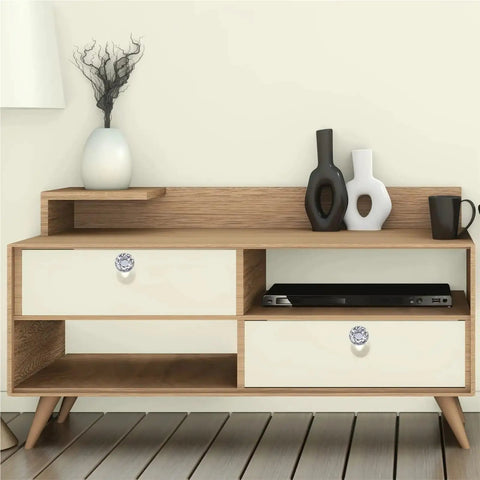 Modern furniture display featuring 24 Piece Snazzy Crystal Cabinet Knobs And Wardrobe Drawer Pull Handles For Furniture Refresh With Glossy Transparent Finish.