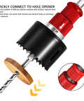 Heavy Duty Manganese Steel Hole Saw Arbor Adapter With 10mm Hex Shank Quick Swap Shaft showcasing quick connect feature for easy waste removal.