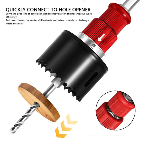 Heavy Duty Manganese Steel Hole Saw Arbor Adapter With 10mm Hex Shank Quick Swap Shaft showcasing quick connect feature for easy waste removal.
