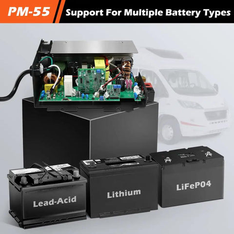 Bad Boy 55 Amp Rv Power Converter With Sweet Three Stage Battery Charging For Your Rig And Truck 110 Volt Ac To 12 Volt Dc showing inside view and battery support.
