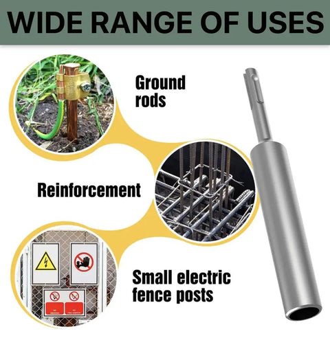 Wide use graphic showing SDS-Plus ground rod driver for ground rods, reinforcement, small electric fence posts
