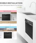 Black COMFEE’ countertop portable dishwasher seen from the front; compact unit with 6-place settings.