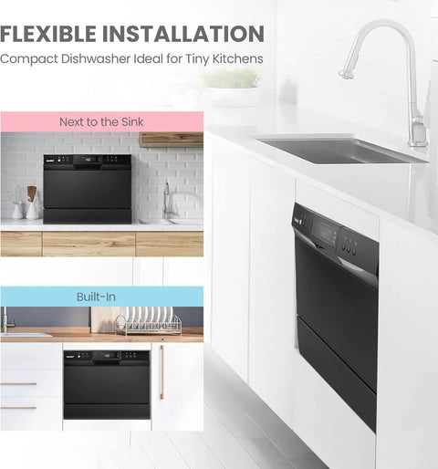 Black COMFEE’ countertop portable dishwasher seen from the front; compact unit with 6-place settings.