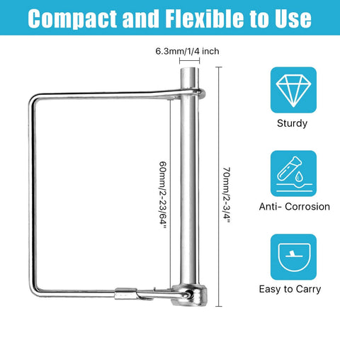 Detailed view of 40 Pack Square Trailer Hitch Pins, 1/4 Inch Diameter Carbon Steel Locking Pins with dimensions and features.
