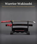 Hand Forged 1045 Carbon Steel Wakizashi With Full Tang, 21 Inch Blade, Bo Hi On Both Sides, Heat Tempered, on display stand