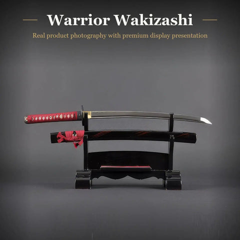 Hand Forged 1045 Carbon Steel Wakizashi With Full Tang, 21 Inch Blade, Bo Hi On Both Sides, Heat Tempered, on display stand