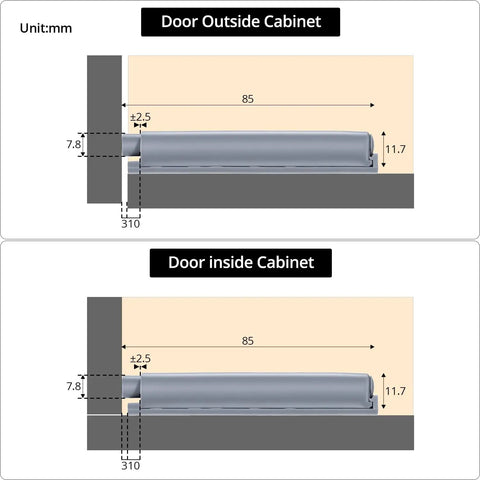 Push To Open Door Opener Latch With Screws 20 Pack Soft Close Cabinet Damper Hardware diagram showing dimensions for cabinet doors.