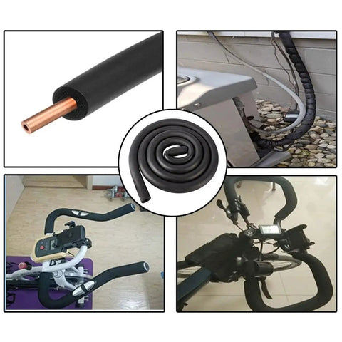 High Temperature Pipe Insulation Foam Tubing For Steam And Water Lines, shown installed on various setups, flexible black tube.