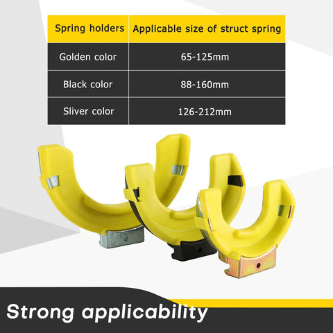Interchangeable Fork Strut MacPherson Spring Compressor Kit yokes in yellow, showing sizes for quick shock absorber service.
