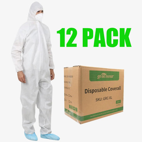 Disposable Hazmat Coveralls With Hood Pack Of 12 White Breathable SMS Non Woven Painter Suit With Front Zip X Large