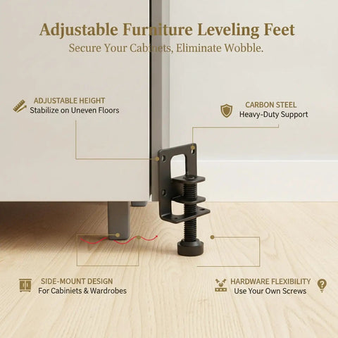 Heavy Duty Adjustable Cabinet Leveling Feet For Side Mount Wardrobes On Uneven Floors Carbon Steel Levelers in use