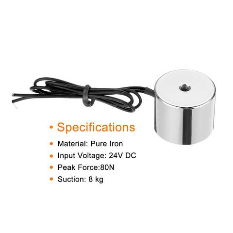 Round Solenoid Electromagnet 24V DC 80N Electric Lifting Magnet For Automation Equipment, product with specifications shown