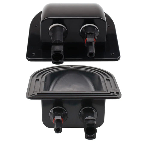 Rugged ABS Dual Cable Entry Housing For Solar PV Connectors Waterproof Weatherproof Box With UV Resistant Shell Black Entry Gland Reduces Wind Noise Ideal For RVs Boats Campers Vans front and back view
