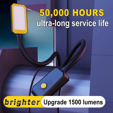 20-Inch LED Gooseneck Work Light with 1500LM output and yellow casing, mounted in workshop setting