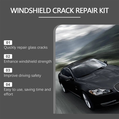 Windshield Repair Kit For Chips And Cracks Car Glass Quick Fix With Nano Fluid Filler illustration and features list