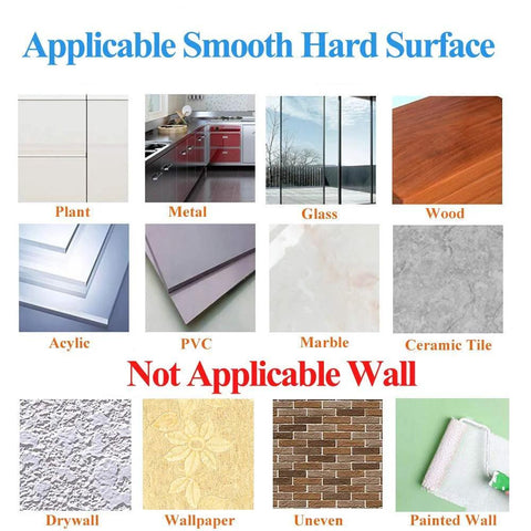Applicable surfaces for heavy duty adhesive hooks including plant, metal, glass, wood, acrylic, PVC, marble, ceramic tile. Not for drywall, wallpaper, uneven, painted walls.