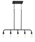 Exposed Bulb Five Light Linear Chandelier In Matte Black Metal with 24 inch chains and 12 inch rods, hanging fixture.