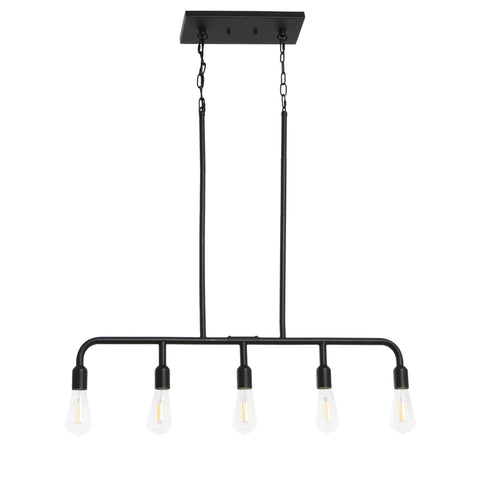 Exposed Bulb Five Light Linear Chandelier In Matte Black Metal with 24 inch chains and 12 inch rods, hanging fixture.