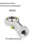 Close-up of 2 Pack Rod End Bearing Three Sixteenth Inch Bore Pre Lubricated 10 32 Right Hand Thread Heim Joint With Jam Nuts