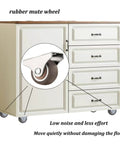 Set Of 8 1 Inch Fixed Caster Wheels With Screws on a cabinet showing low profile brown wheels and easy glide design