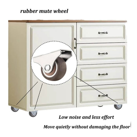 Set Of 8 1 Inch Fixed Caster Wheels With Screws on a cabinet showing low profile brown wheels and easy glide design
