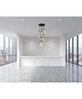 Slick Modern 13 Light Black Crystal Ceiling Pendant With Heavy Duty Metal Build and Tight Adjustable Canopy above a bright room.