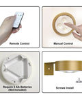 Remote and manual control features of Three Pack Wireless Battery Operated Picture Lights With Remote And Timer For Art Frames No Sweat Install Killer Glow Smooth Dimming In Gold Finish.