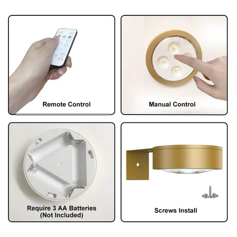 Remote and manual control features of Three Pack Wireless Battery Operated Picture Lights With Remote And Timer For Art Frames No Sweat Install Killer Glow Smooth Dimming In Gold Finish.