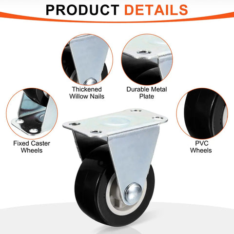 Close-up of Built Like A Tank Rigid Caster Wheels 8 Pack 1.5 Inch Black PVC fixed wheels with durable metal plate.