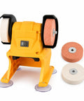 Badass Heavy Duty Cordless Mini Bench Grinder Compatible With DeWalt 20V Tools features yellow body, dual grinding plates, and suction feet.