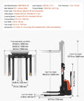 VEVOR Full Electric Pallet Stacker Forklift Hauling 3,300 Lbs With A Mighty 98.4 Inch Lift Height For Warehouses, side view with adjustable forks.