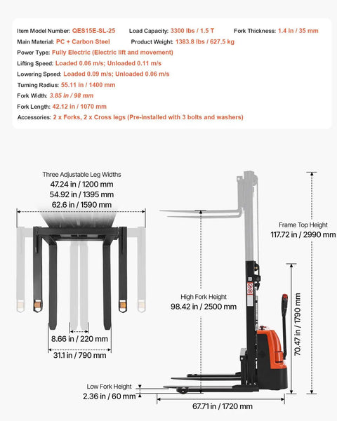 VEVOR Full Electric Pallet Stacker Forklift Hauling 3,300 Lbs With A Mighty 98.4 Inch Lift Height For Warehouses, side view with adjustable forks.