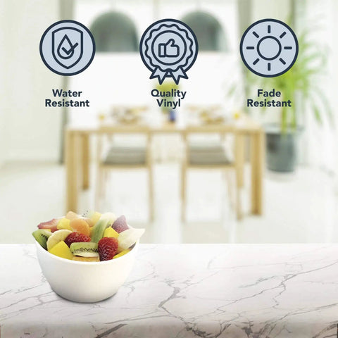 Glossy Italian White Marble Vinyl Countertop Cover 36 x 72 Inch Peel And Stick Self Adhesive Laminate with durability icons