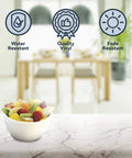 Glossy Italian White Marble Vinyl Countertop Cover 36 x 72 Inch Peel And Stick Self Adhesive Laminate with fruit bowl and icons