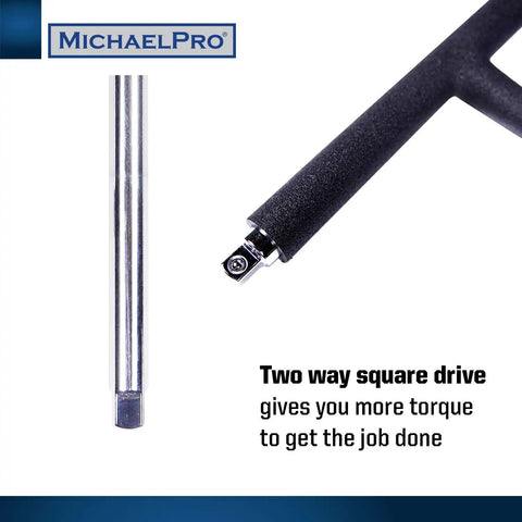 Close-up of Forty Piece Three Eighths Inch Drive Two Way Quick Swivel T Handle Wrench Set showing metal T-handle and text on torque.