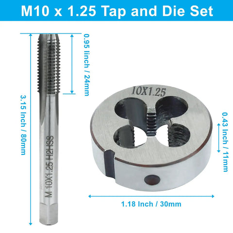 M10 X 1.25 Tap And Die Set For Metalworking, HSS Machine Thread Tap Die Kit, high speed steel tap and die, dimensions shown
