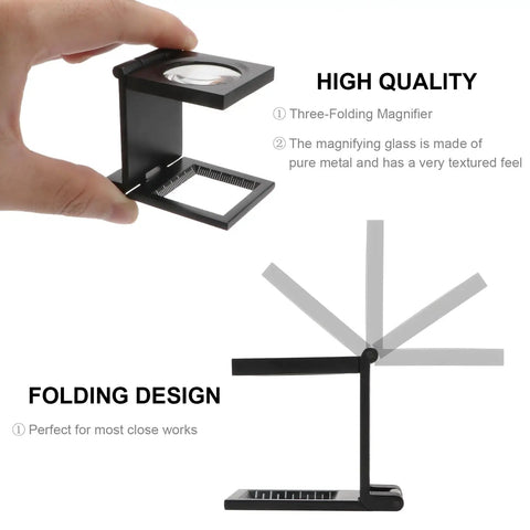 Two Pack Jewelers Loupe Pocket Magnifier Folding Magnifier Small Loupe Mini Magnifier with hand holding open foldable design