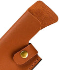 Close-up of a brown leather knife sheath with snap button, part of Leather Knife Sheath For Japanese Knives And Chef Knives And Boning Knives