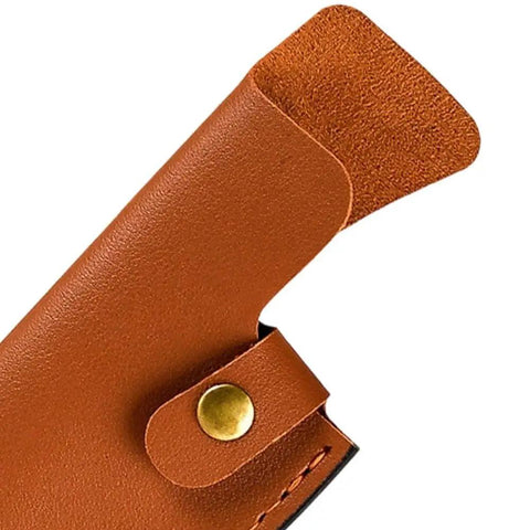 Close-up of a brown leather knife sheath with snap button, part of Leather Knife Sheath For Japanese Knives And Chef Knives And Boning Knives
