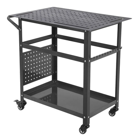 Top Shelf Welding Workbench, 36X24 Inch Steel Fabrication Table with two storage shelves and tool hooks.