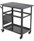 Heavy Duty Welding Table With Smooth Roll Casters 36 By 24 Inch Industrial Steel Workbench 1200 Lb Load Rating rolling fabrication bench side view with smooth casters and perforated top.