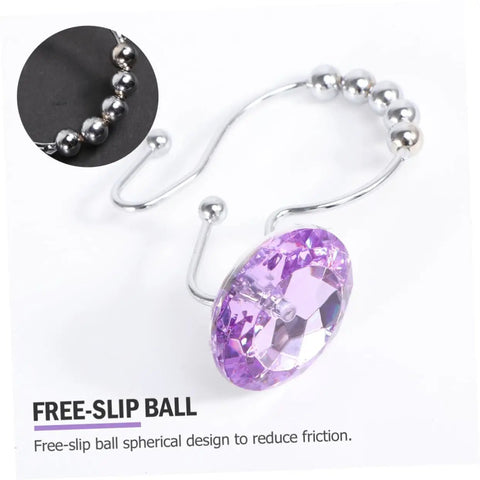 Purple Stainless Steel Shower Curtain Rings Set With Rust Resistant Double Hooks For Slick Glide And Easy Hanging Of Curtain And Liner, Decorative Rhinestone Bathroom Hooks showcasing a close-up of a rhinestone accented hook and free-slip ball design.