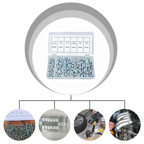 Super Tough Grease Nipple Assortment Kit With 260 Galvanized Iron Fittings In M6 M8 M10 Metric And Imperial Sizes Including 90 Deg And 45 Deg Angled Straight Nozzles Perfect For Heavy Duty Jobs Anywhere You Go. 260-piece galvanized iron grease fitting kit with labeled compartments and angled nozzles for machinery maintenance