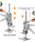 2 Piece Adjustable Hand Jack Lifter Set showing operation buttons for fast and slow descents, designed for precision leveling.
