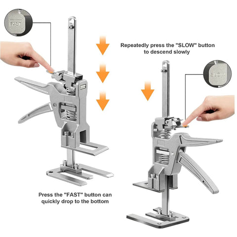 2 Piece Adjustable Hand Jack Lifter Set showing operation buttons for fast and slow descents, designed for precision leveling.