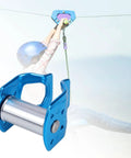 Slackline Pulley For Outdoor Zipline Obstacle Course Portable Aluminum Slider Pulley, shown in action on a zipline.