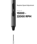 Mini Cordless Rotary Tool Kit With Brushless Coreless Motor, shown with 15,000-22,000 RPM range and stepless speed adjustment.