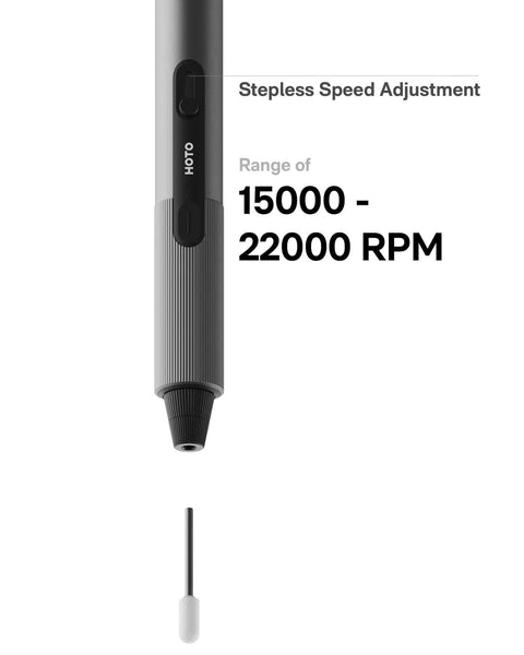 Mini Cordless Rotary Tool Kit With Brushless Coreless Motor, shown with 15,000-22,000 RPM range and stepless speed adjustment.