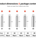 Copper Barrel Crimp Sleeves Kit 250 Pieces 5 Sizes product dimensions and package contents diagram